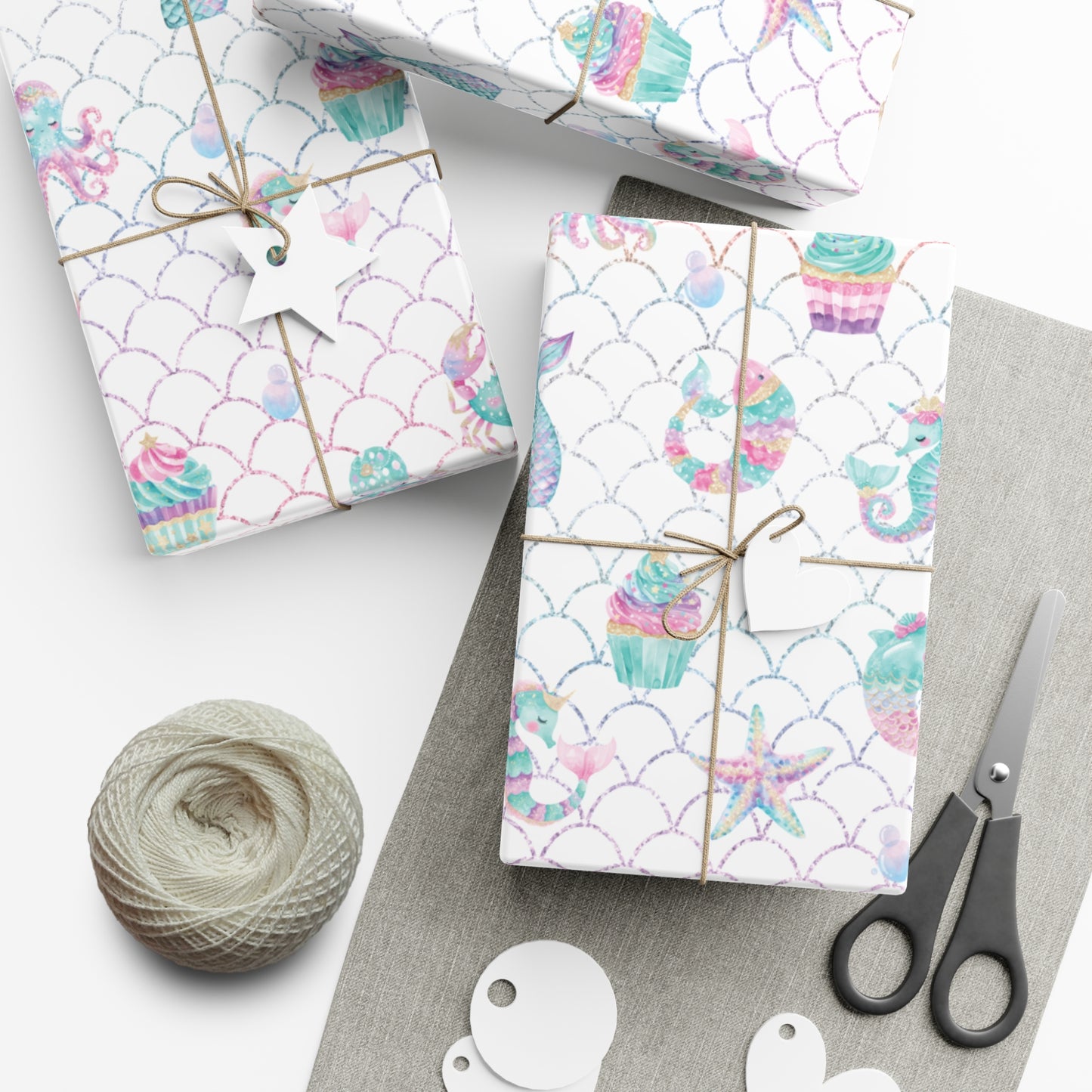 Colorful Mermaid Cupcakes and Sea Animals Wrapping Paper