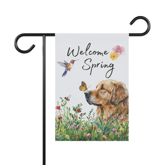 Golden Retriever Garden Flag, Welcome Spring Floral Dog Garden Flag, Watercolor Dog Flag, Double Sided Garden Flag