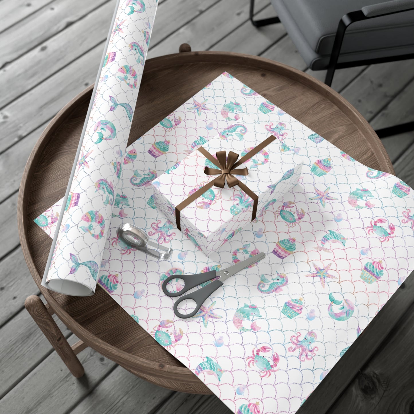 Colorful Mermaid Cupcakes and Sea Animals Wrapping Paper