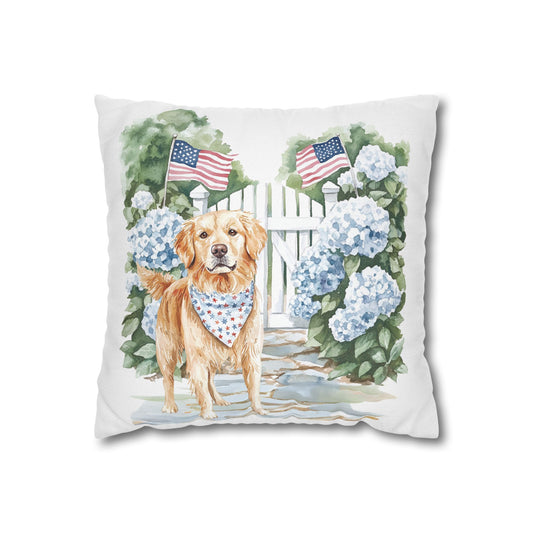 Summer Golden Retriever Pillow Cover, Double Sided, Hand drawn, Watercolor Golden Retriever Patriotic Pillow Cover
