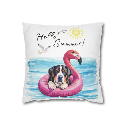 Hello Summer Swissy Pillow Cover, Greater Swiss Mountain Dog Pillow Cover, Hand Drawn, Double-Sided Graphics, Swissy, GSMD