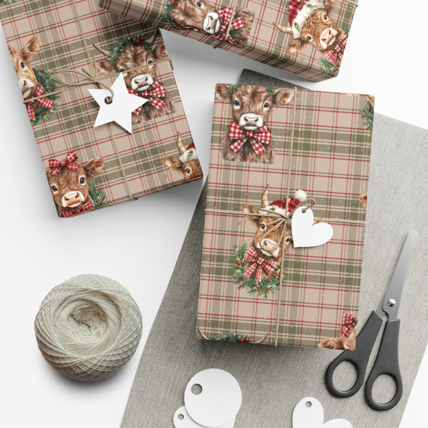 Christmas Highland Cows Wrapping Paper, Farmhouse Vintage Rustic Plaid Classic Vintage Gift Wrap, Christmas Paper, Gift Wrap, Kraft Paper