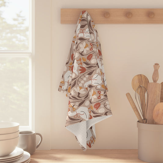 Autumn Geese Microfiber Tea Towel - Fall Wildflower Botanical Dish Cloth