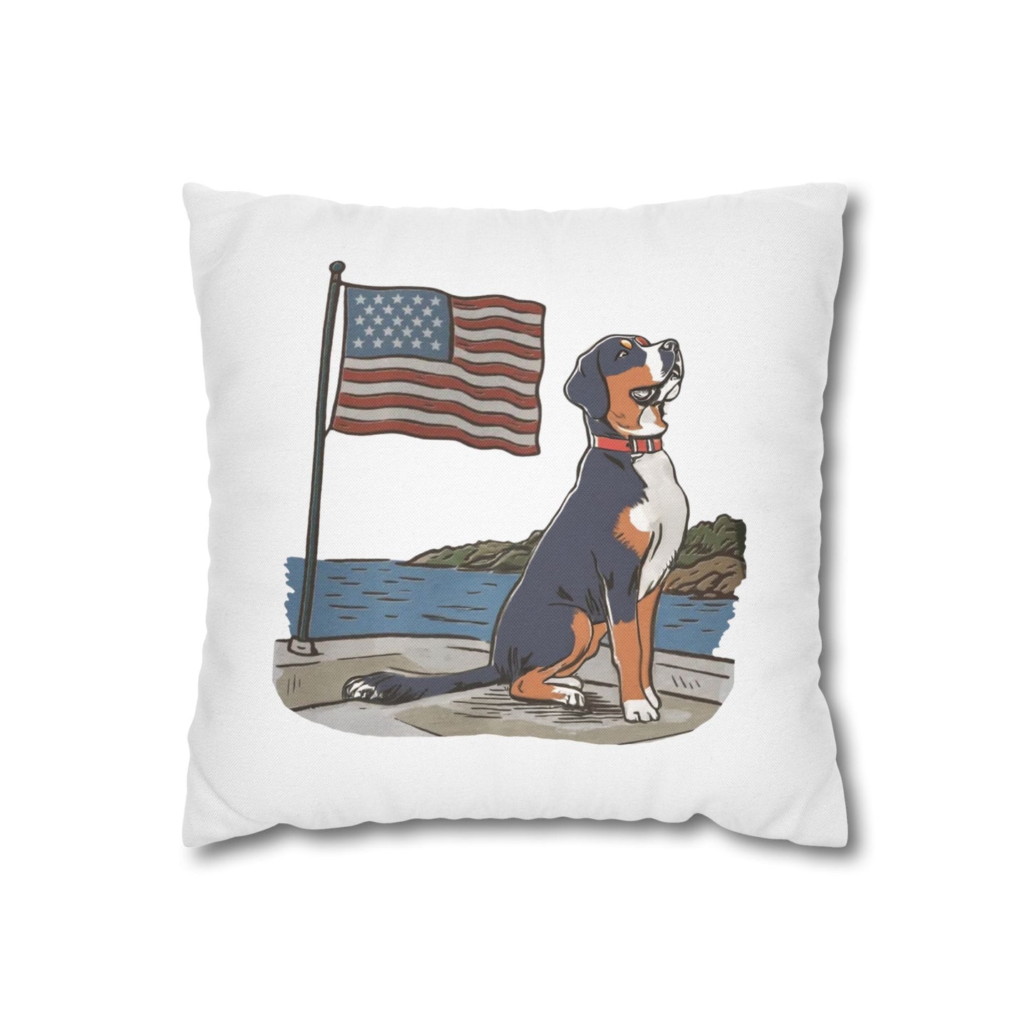 Summer Swissy in the USA, Greater Swiss Mountain Dog Pillow Cover, Hand Drawn, Double-Sided Graphics, Swissy, GSMD