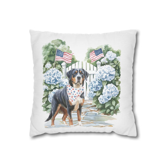 Patriotic Summer Greater Swiss Mountain Dog Pillow Cover, Hand Drawn, Double-Sided Graphics, Swissy, GSMD