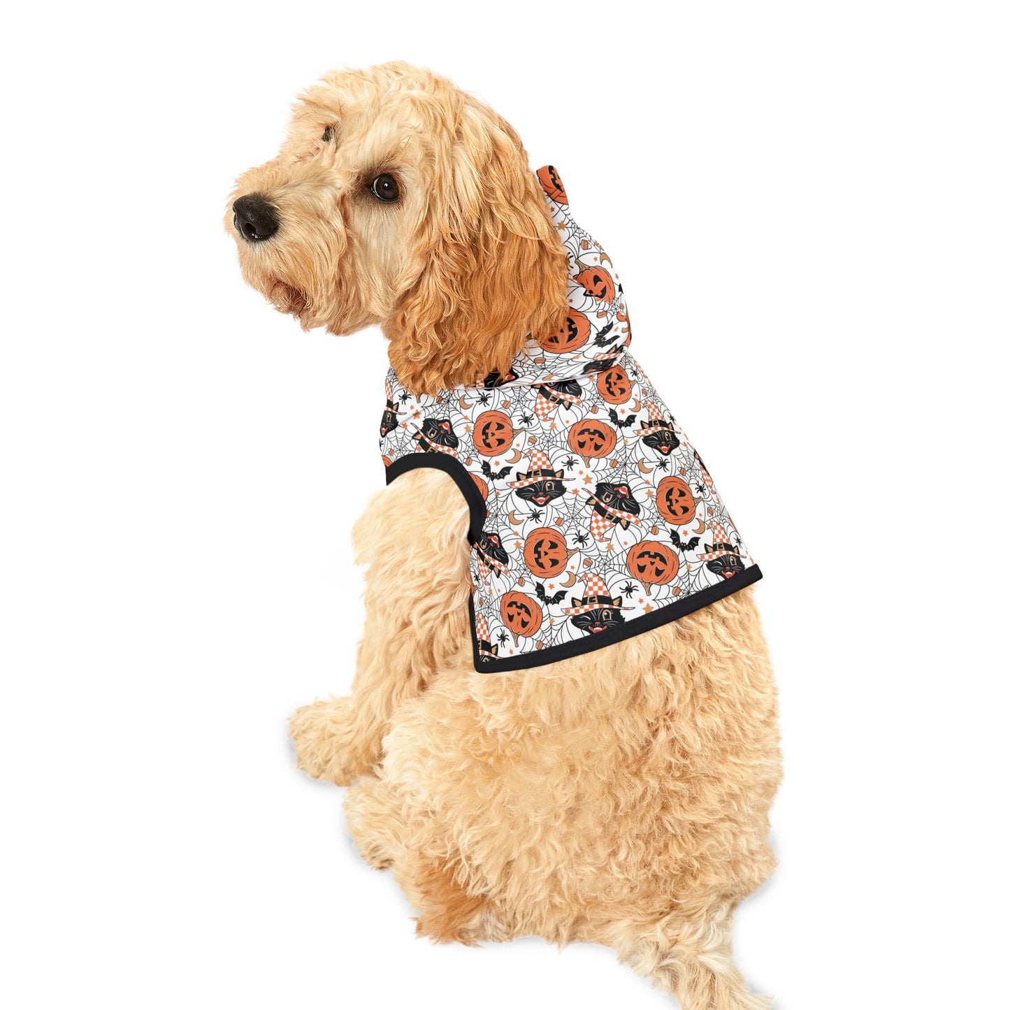 Retro Pumpkins and Halloween Black Cat Dog Halloween Hoodie, Dog Costume Pet Hoodie, Trick or Treat Halloween Dog Hoodie,Spooky