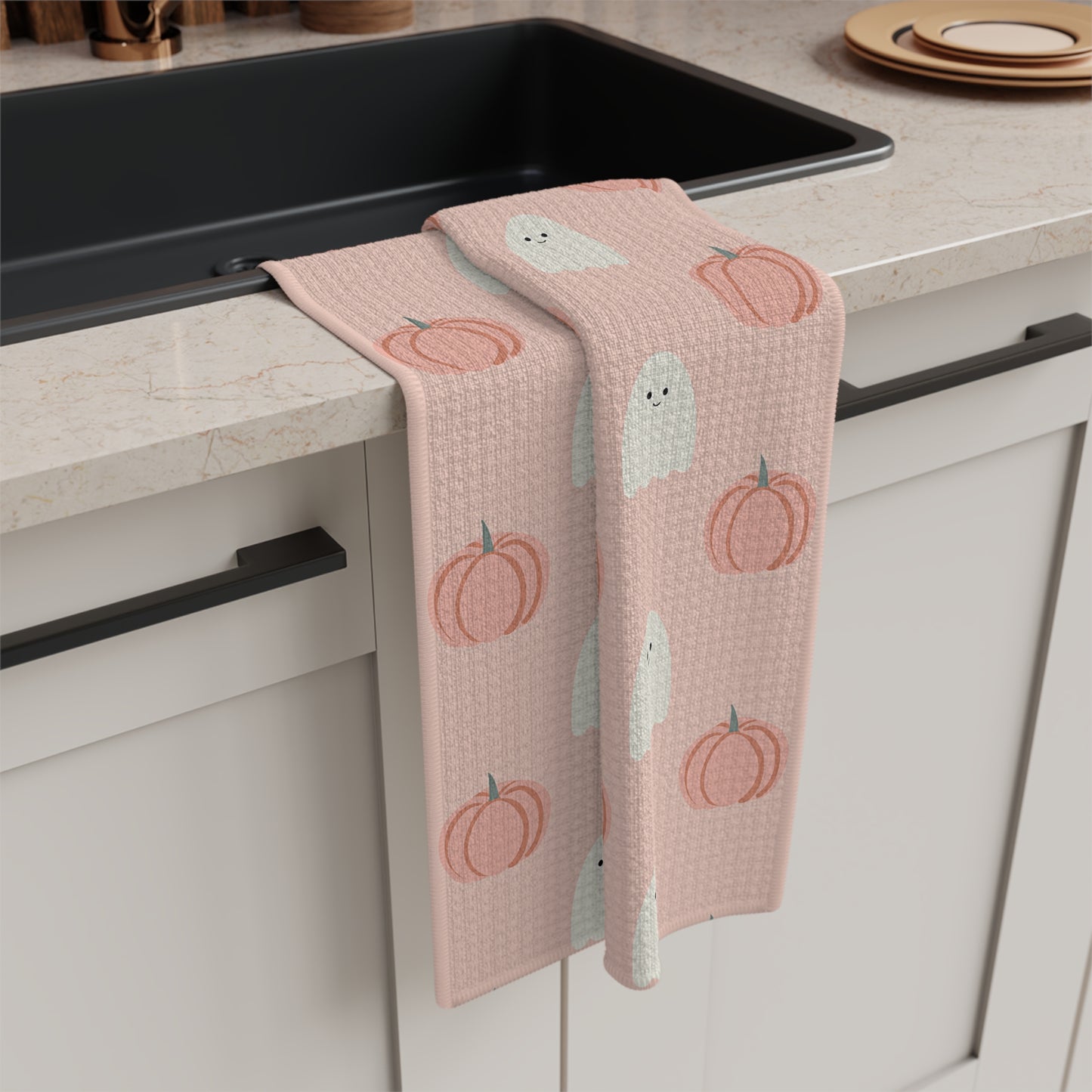 Peach Not So Spooky Ghost Tea Towel, Halloween Kitchen Decor, Fall Dish Cloth, Autumn Home Gift, Cute Pumpkin Towel