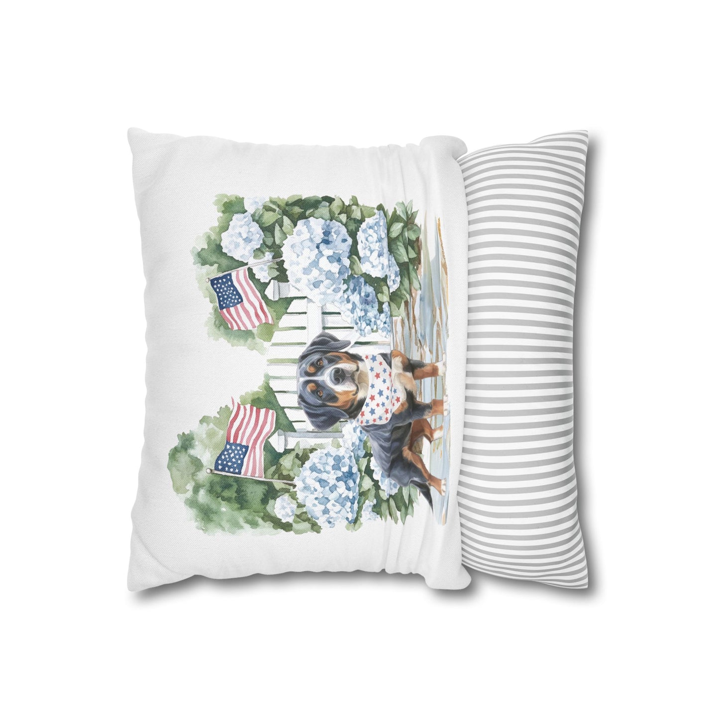 Patriotic Summer Greater Swiss Mountain Dog Pillow Cover, Hand Drawn, Double-Sided Graphics, Swissy, GSMD