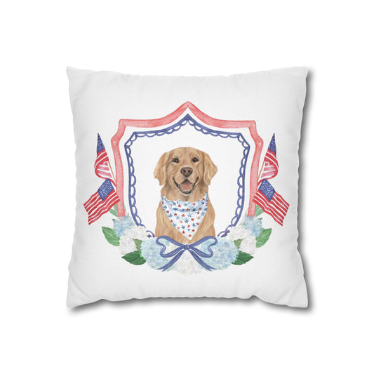 Summer Golden Retriever Pillow Cover, Double Sided, Hand drawn, Watercolor Golden Retriever Patriotic Pillow Cover