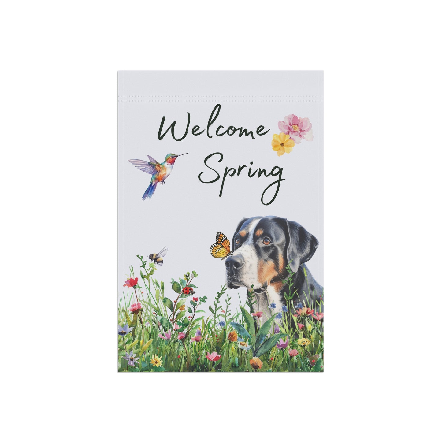 Greater Swiss Mountain Dog Garden Flag, Welcome Spring Floral Swissy Garden Flag, Watercolor Dog Flag, Double Sided