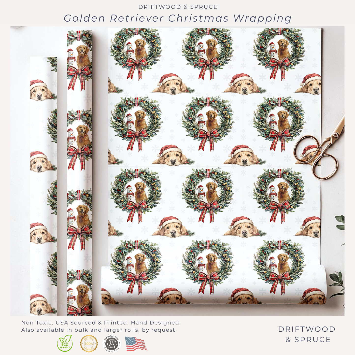 Golden Retriever Christmas Wrapping Paper, Retriever Dogs Christmas Gift Wrap, Holiday Present Packaging, Traditional Christmas