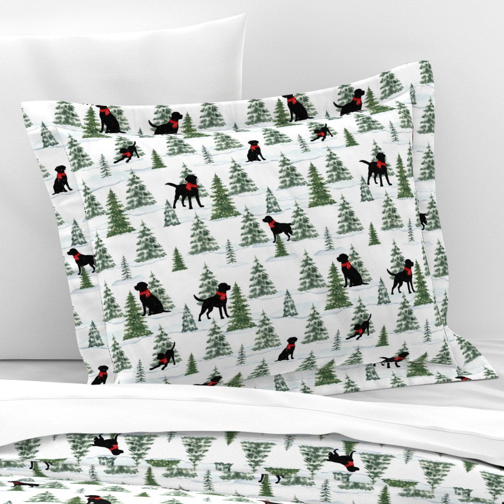 Snowy Black Dogs Christmas Sham Pillow Cover, Premium Italian Cotton Sateen Bedding, Labrador Retriever Christmas, Christmas Dogs