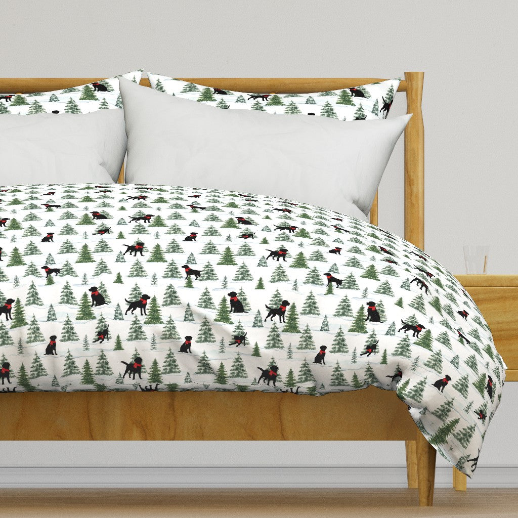 Snowy Black Dog Christmas Duvet Cover, Labrador Christmas Bedding, Premium Italian Cotton Sateen, Christmas Dogs Home Decor, Christmas Dogs