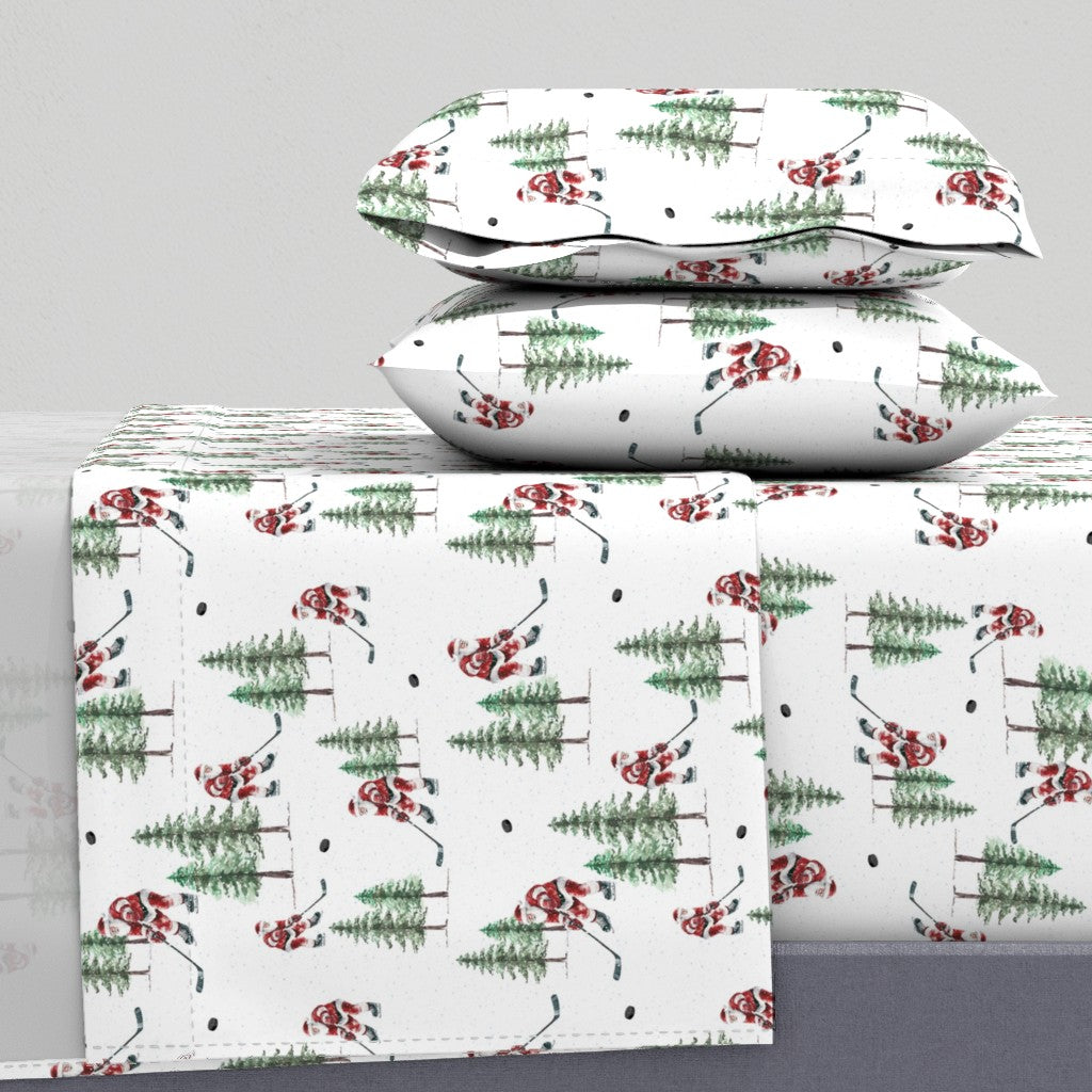 Hockey Santa Sheet Set | Premium Italian Cotton Sateen Christmas Bedding | Luxury Holiday Sheets | Festive Sports Fan Gift