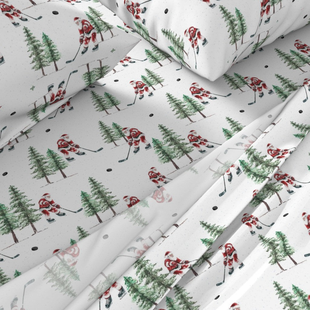 Hockey Santa Sheet Set | Premium Italian Cotton Sateen Christmas Bedding | Luxury Holiday Sheets | Festive Sports Fan Gift