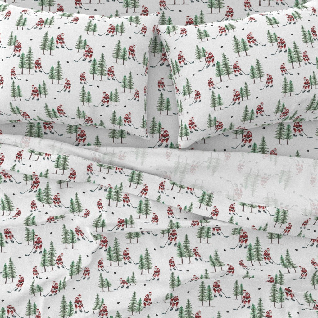 Hockey Santa Sheet Set | Premium Italian Cotton Sateen Christmas Bedding | Luxury Holiday Sheets | Festive Sports Fan Gift
