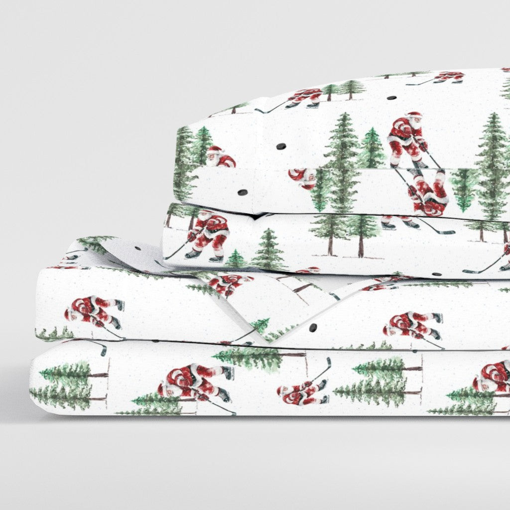 Hockey Santa Sheet Set | Premium Italian Cotton Sateen Christmas Bedding | Luxury Holiday Sheets | Festive Sports Fan Gift