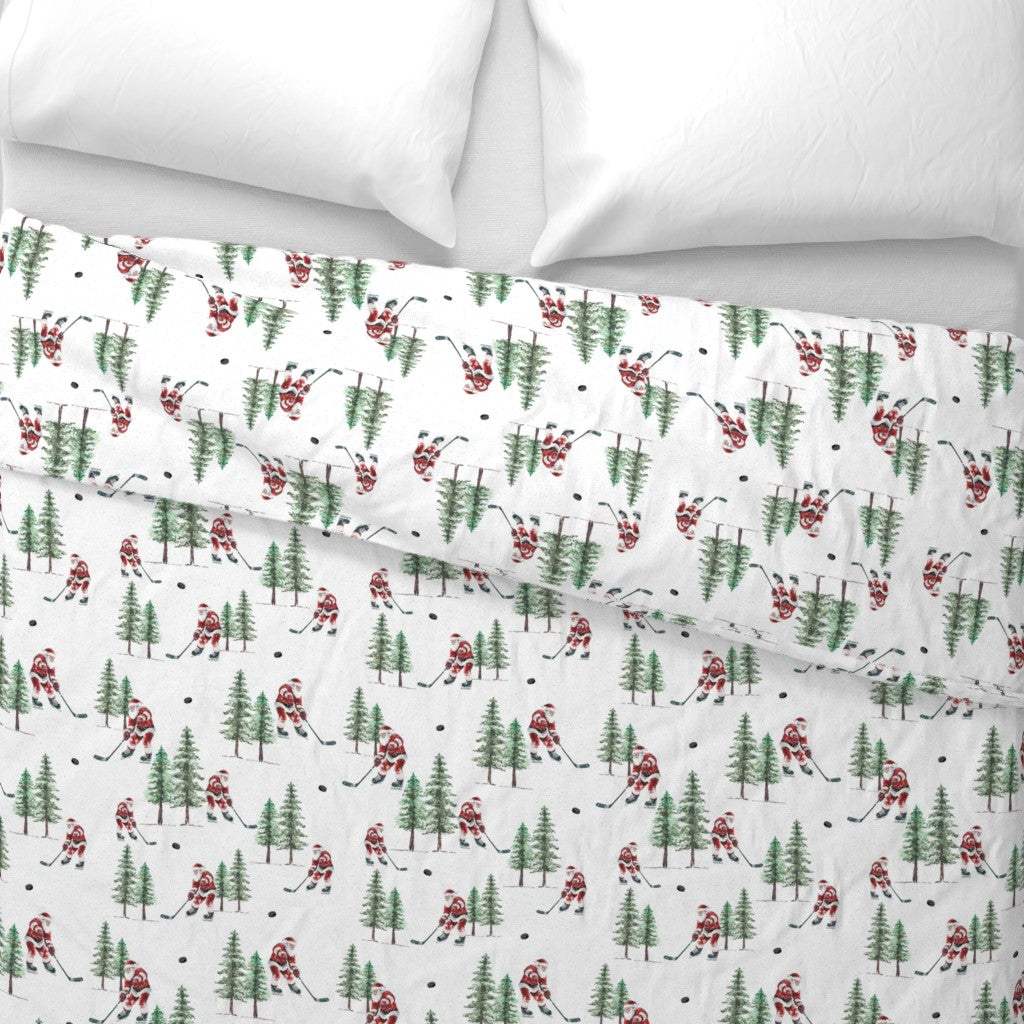 Hockey Santa Christmas Duvet Cover, Ice Hockey Bedding, Sports Fan Holiday Decor, Festive Winter Bedroom, Unique Gift for Hockey Lovers