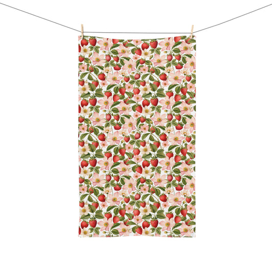 Summer Strawberries & Pink Flowers Hand Towel
