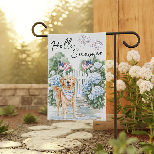 Summer Golden Retriever Garden Flag, Hello Summer Patriotic Garden Flag, Watercolor Dog Flag, Double Sided Garden Flag