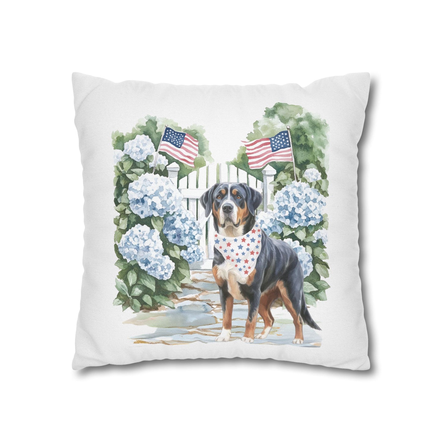 Patriotic Summer Greater Swiss Mountain Dog Pillow Cover, Hand Drawn, Double-Sided Graphics, Swissy, GSMD
