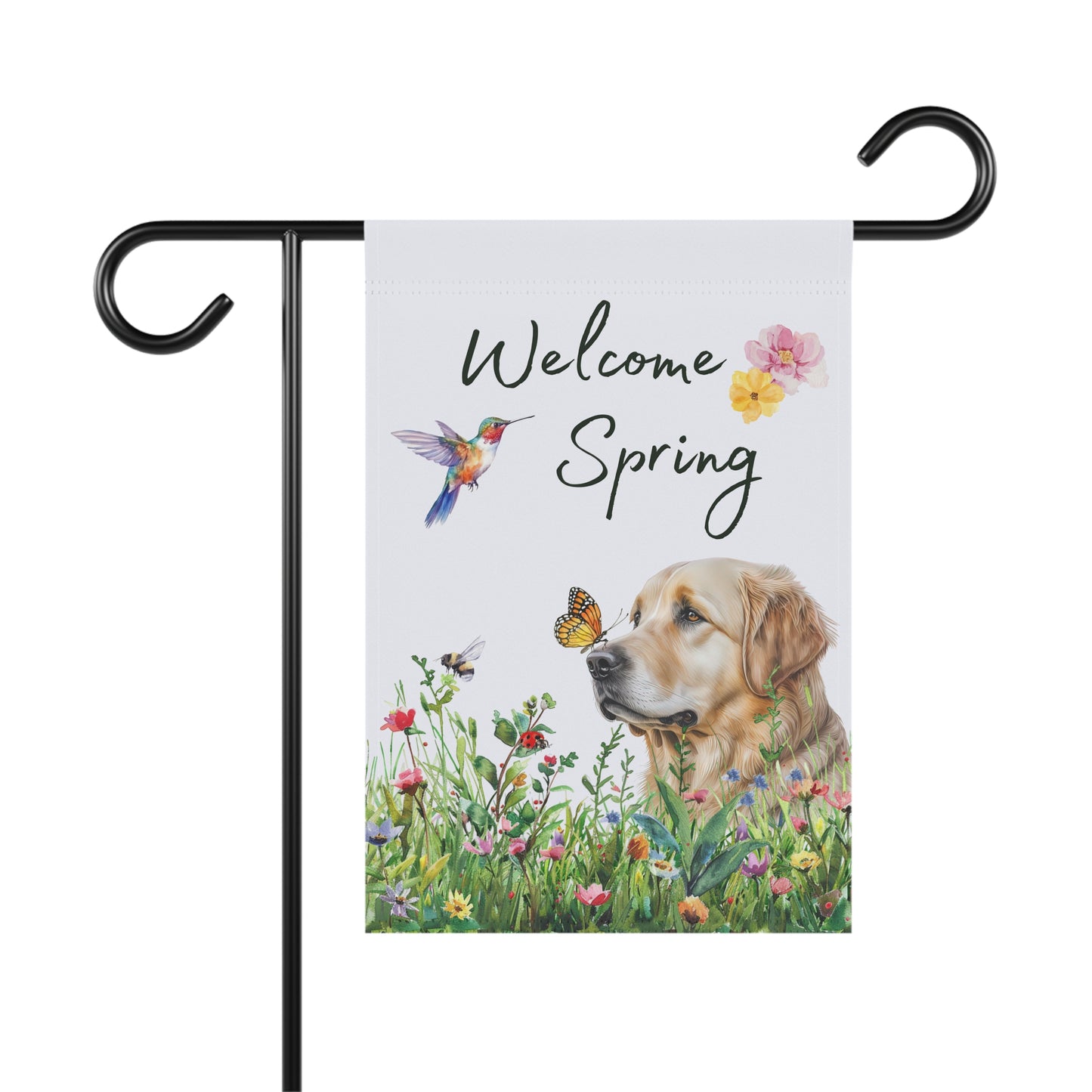 Golden Retriever Garden Flag, Welcome Spring Floral Dog Garden Flag, Watercolor Dog Flag, Double Sided Garden Flag