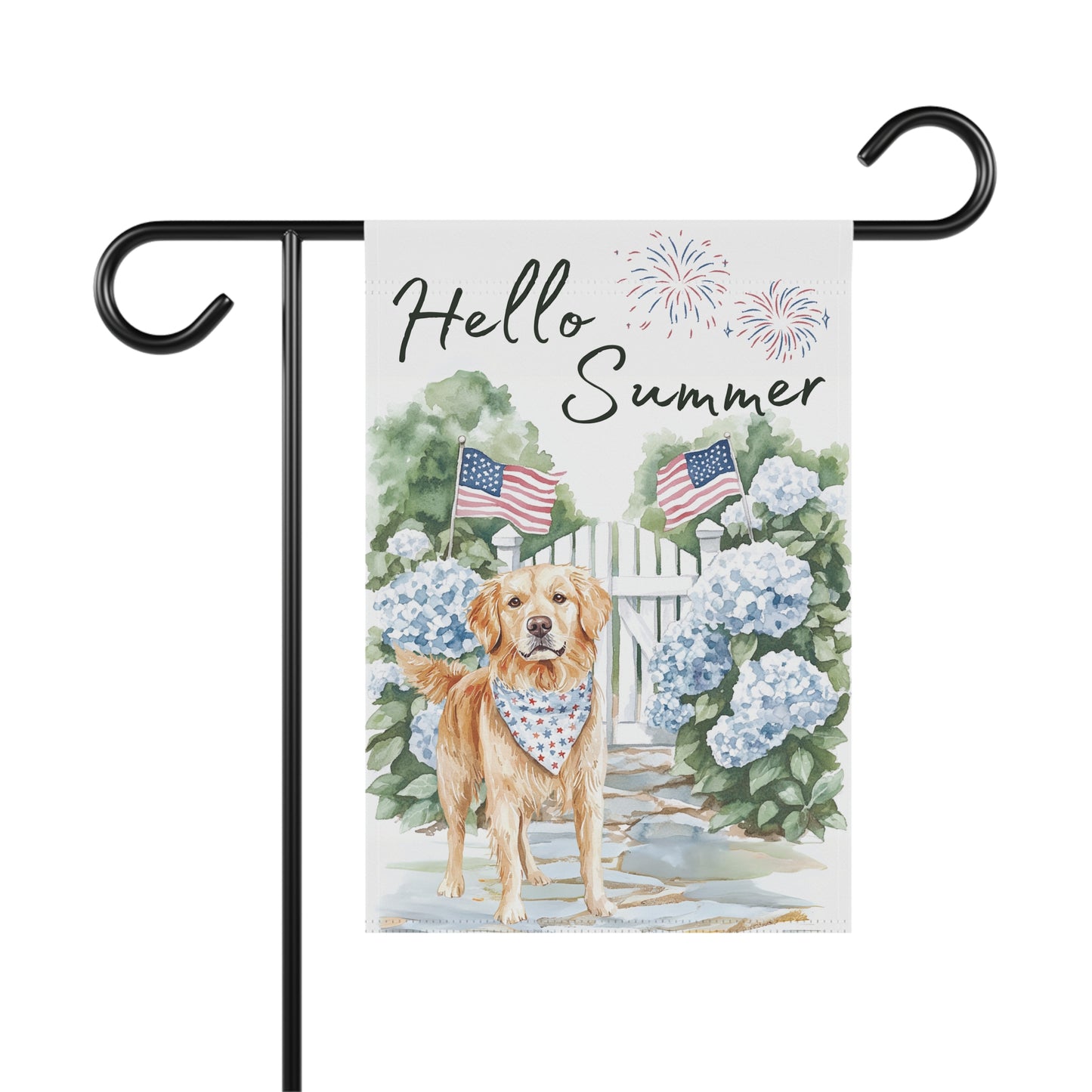Summer Golden Retriever Garden Flag, Hello Summer Patriotic Garden Flag, Watercolor Dog Flag, Double Sided Garden Flag
