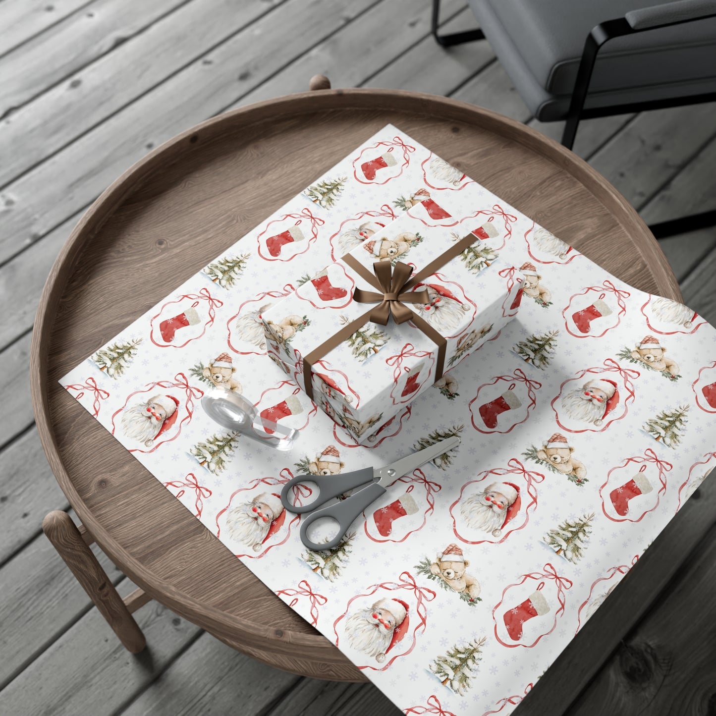 Christmas Watercolor Wrapping Paper, Watercolor Teddy Bears & Santa Christmas Gift Wrap, Holiday Present Packaging, Traditional Christmas