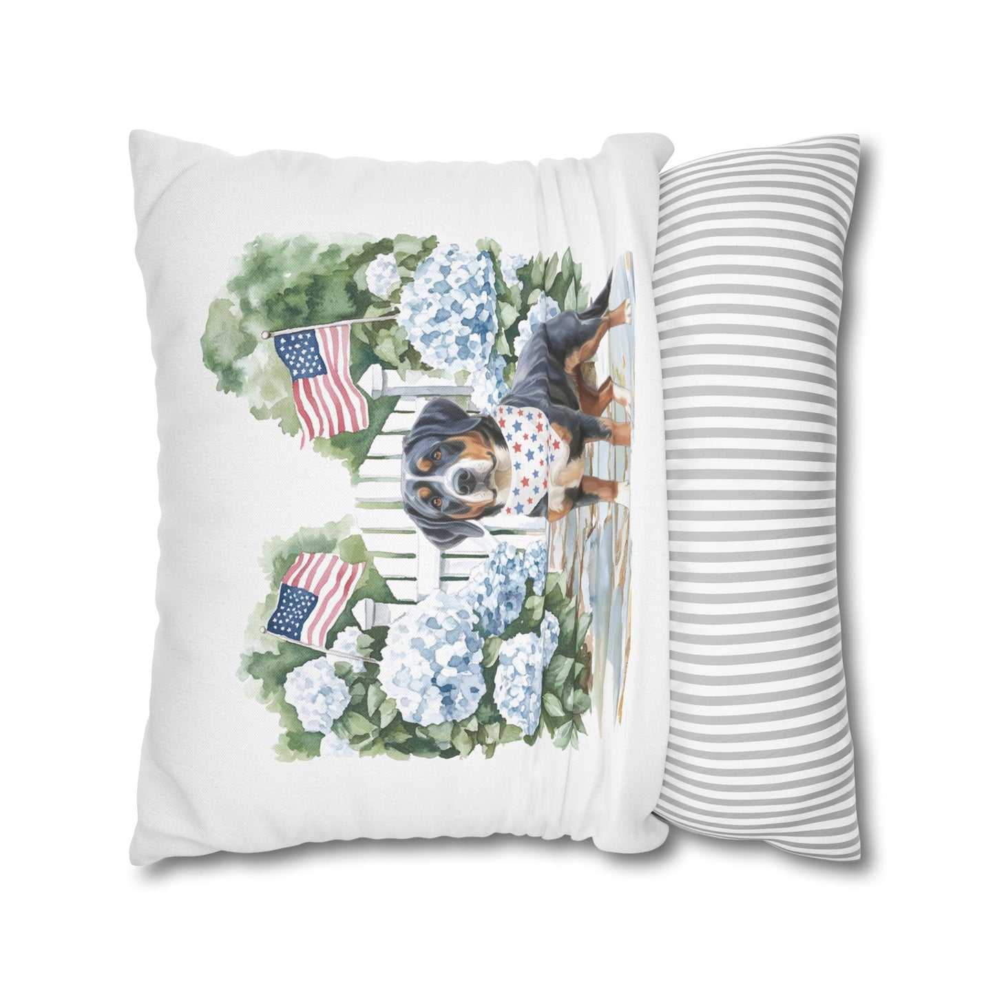 Patriotic Summer Greater Swiss Mountain Dog Pillow Cover, Hand Drawn, Double-Sided Graphics, Swissy, GSMD