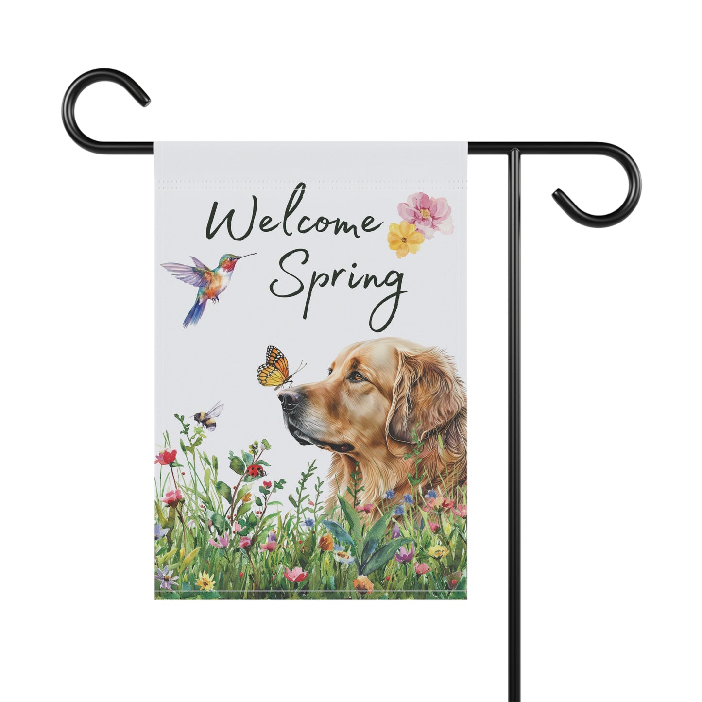 Golden Retriever Garden Flag, Welcome Spring Floral Dog Garden Flag, Watercolor Dog Flag, Double Sided Garden Flag
