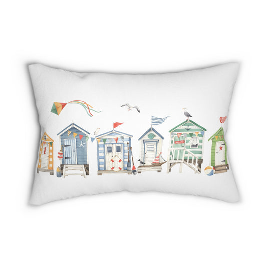 Summer Beach Huts Lumbar Pillow with Cover, 14 x 20" Double Sided Nantucket Lumbar Throw Pillow, Summer Home Decor