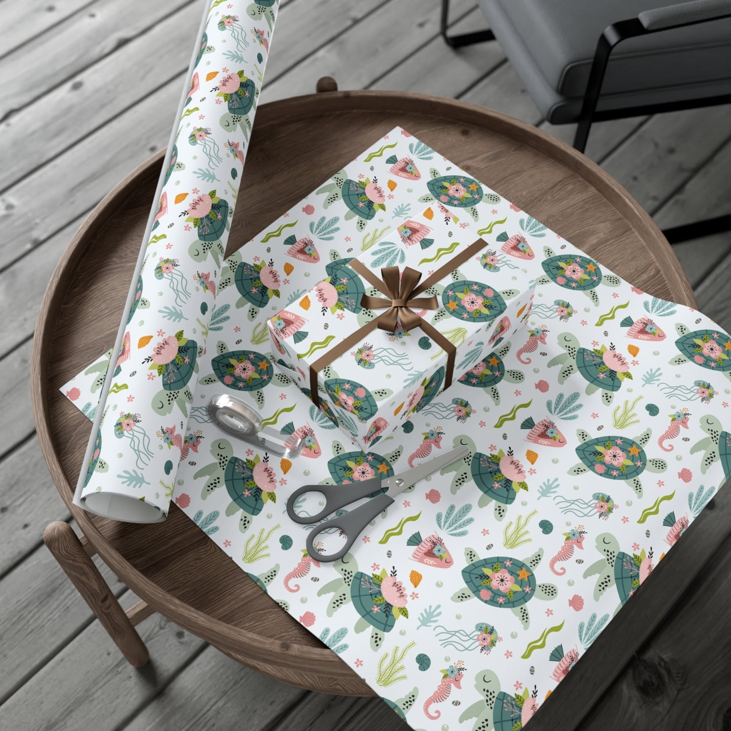 Underwater Turtle Seahorse Birthday Baby Shower Wrapping Paper, Baby Shower Gift Wrap Roll, Birthday Gift Wrap