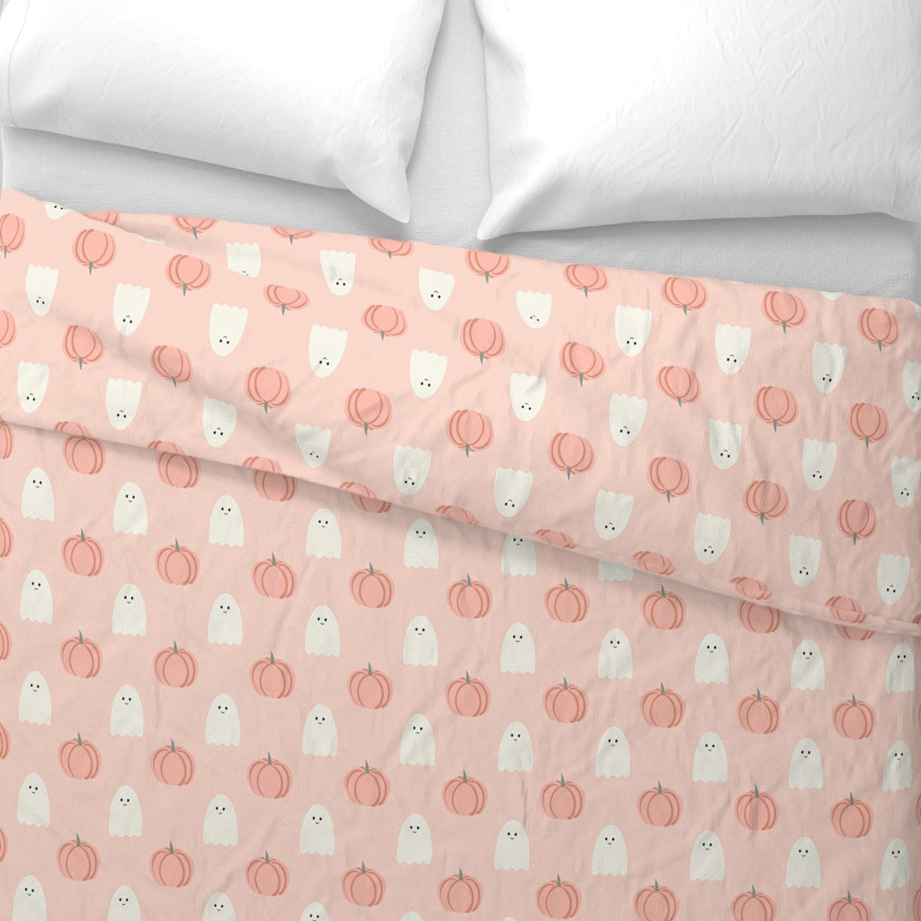 Kids Peach Ghosts and Pumpkins Halloween Duvet Cover