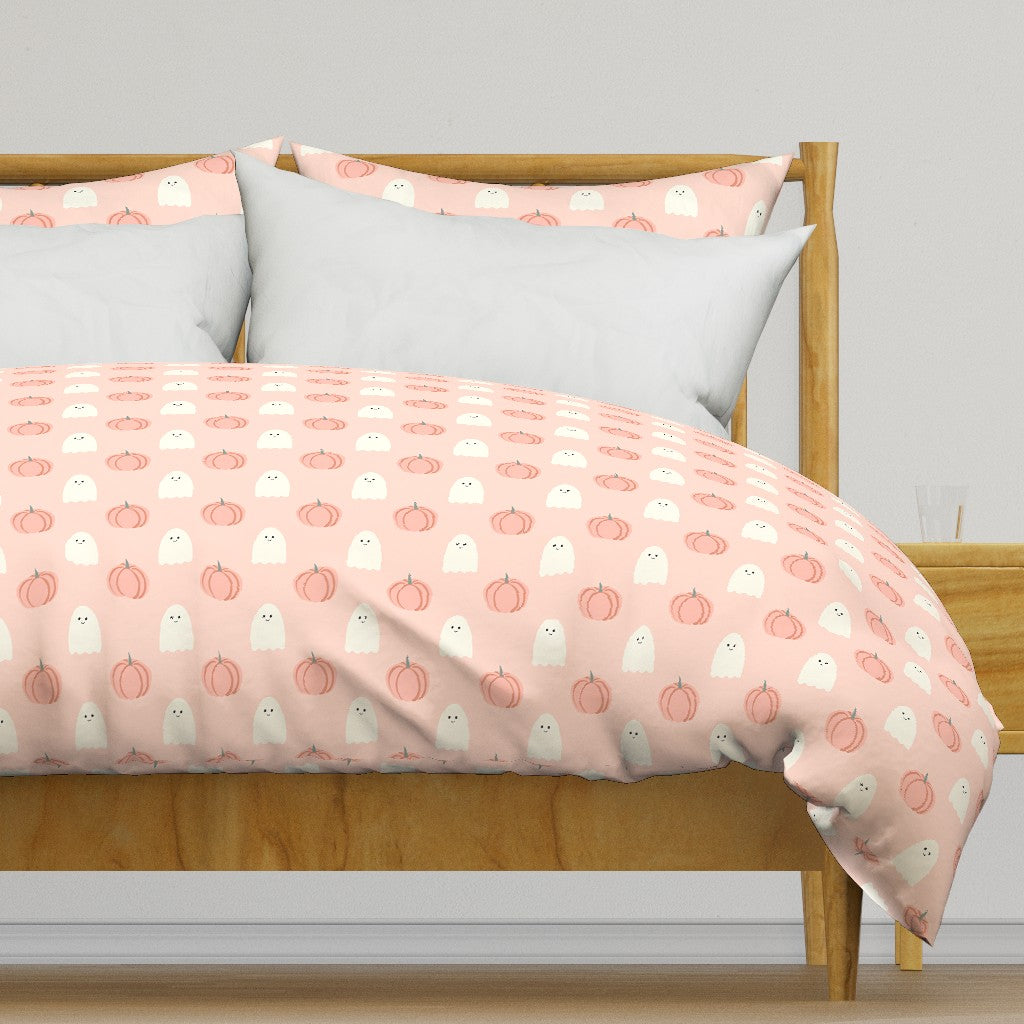 Kids Peach Ghosts and Pumpkins Halloween Duvet Cover