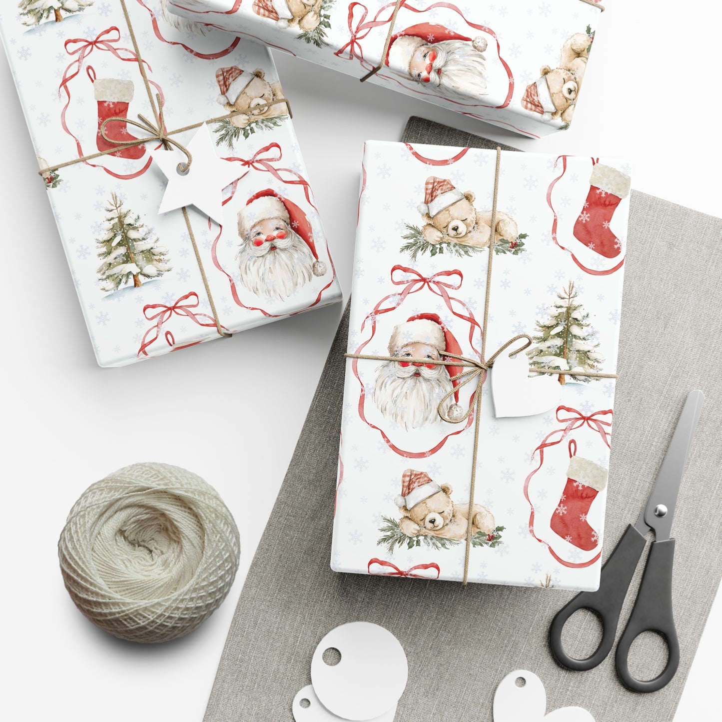 Christmas Watercolor Wrapping Paper, Watercolor Teddy Bears & Santa Christmas Gift Wrap, Holiday Present Packaging, Traditional Christmas