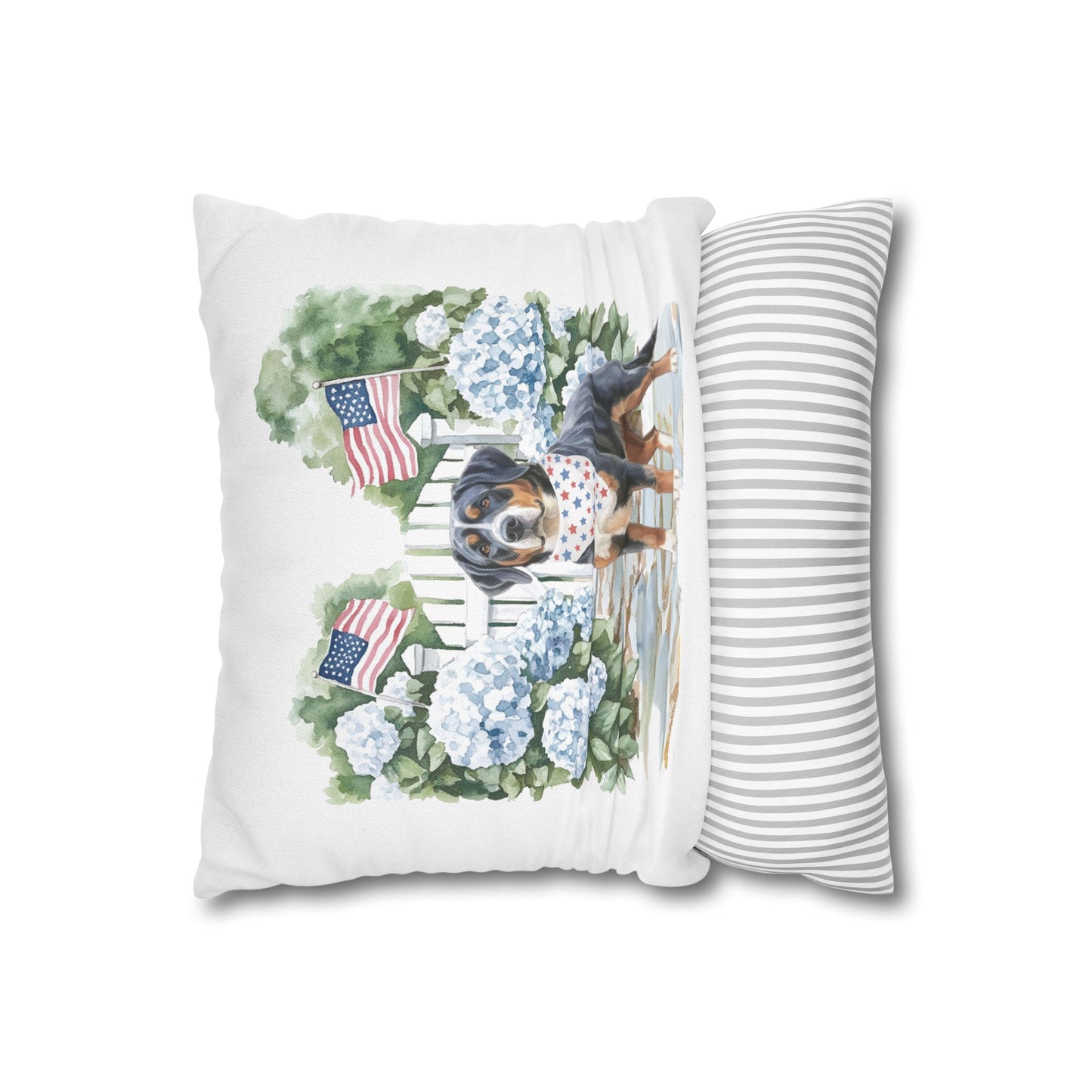Patriotic Summer Greater Swiss Mountain Dog Pillow Cover, Hand Drawn, Double-Sided Graphics, Swissy, GSMD