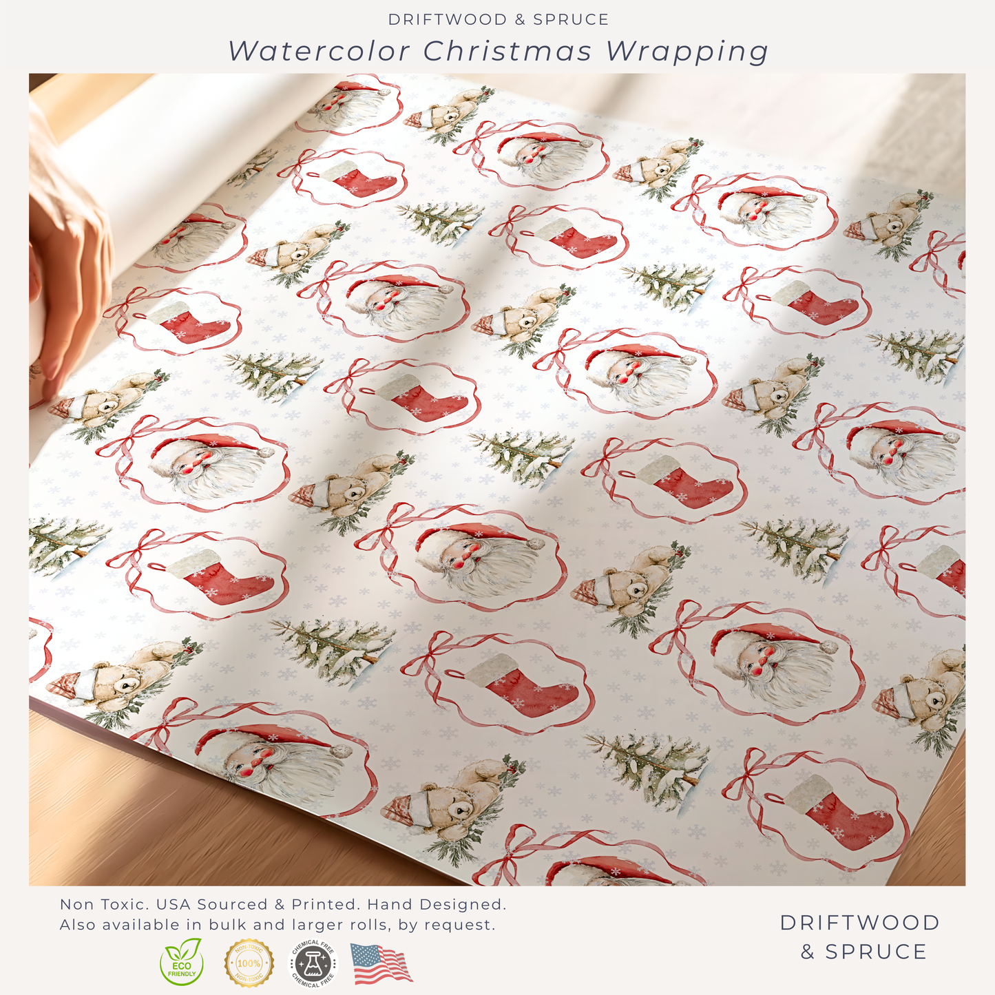 Christmas Watercolor Wrapping Paper, Watercolor Teddy Bears & Santa Christmas Gift Wrap, Holiday Present Packaging, Traditional Christmas
