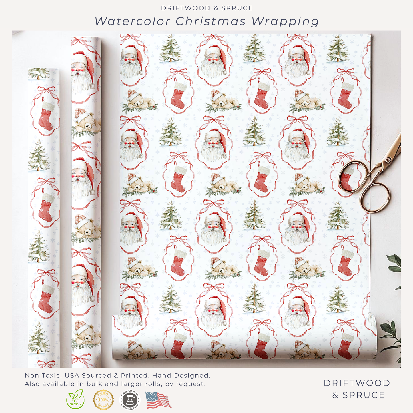 Christmas Watercolor Wrapping Paper, Watercolor Teddy Bears & Santa Christmas Gift Wrap, Holiday Present Packaging, Traditional Christmas
