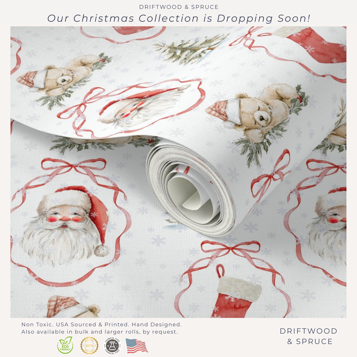 Christmas Watercolor Wrapping Paper, Watercolor Teddy Bears & Santa Christmas Gift Wrap, Holiday Present Packaging, Traditional Christmas