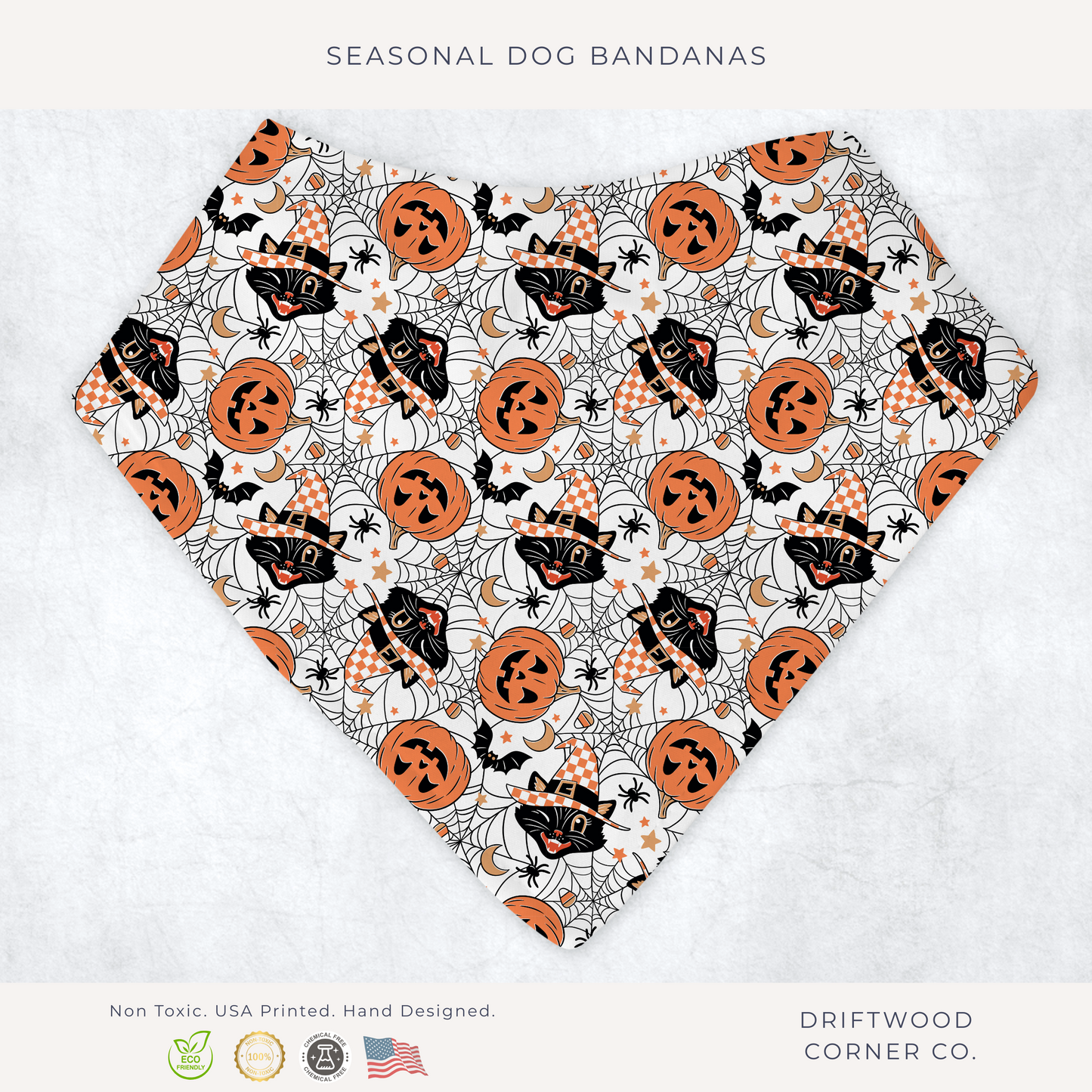 Retro Halloween Pumpkins and Black Cat Dog Bandana, Halloween Dog Apparel, Trick or Treat, Dog Costume, Spooky Pet Neckwear, Halloween Dog