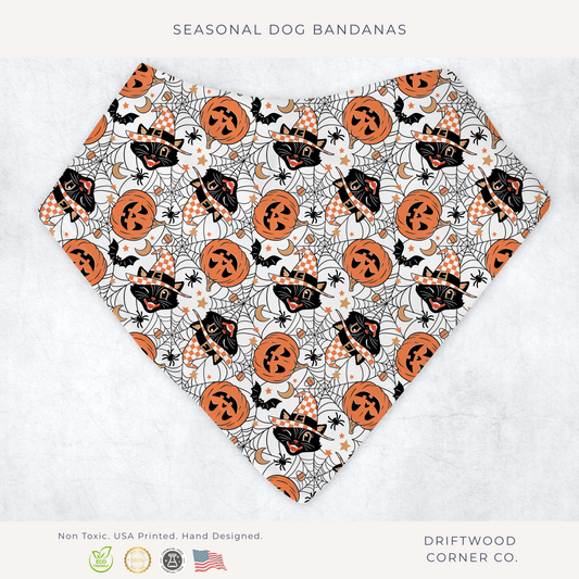 Retro Halloween Pumpkins and Black Cat Dog Bandana, Halloween Dog Apparel, Trick or Treat, Dog Costume, Spooky Pet Neckwear, Halloween Dog