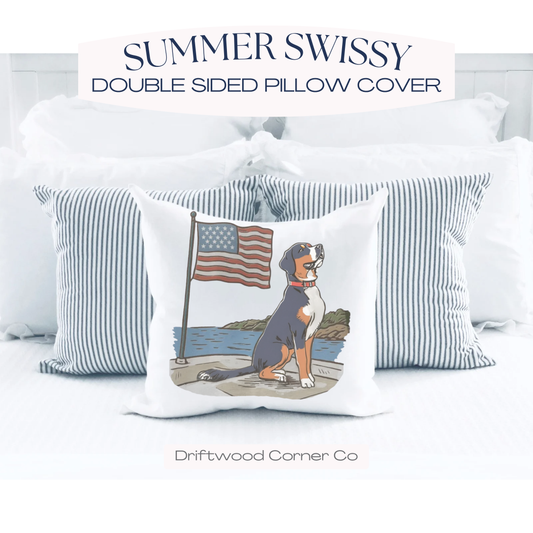 Summer Swissy in the USA, Greater Swiss Mountain Dog Pillow Cover, Hand Drawn, Double-Sided Graphics, Swissy, GSMD
