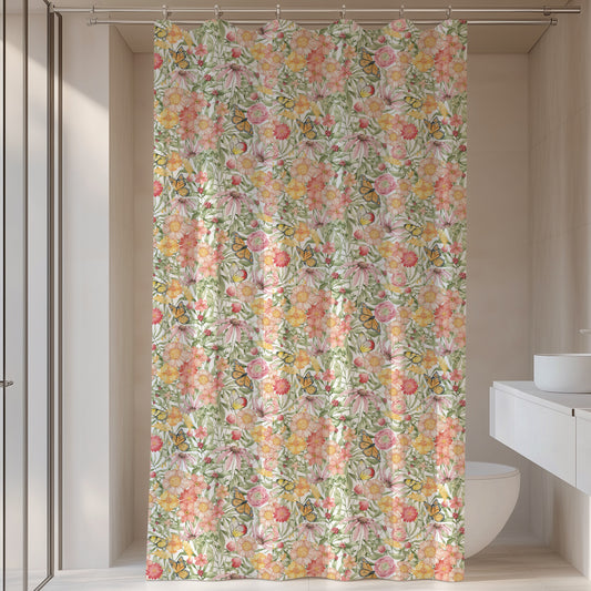 Spring Floral & Butterfly Shower Curtain Toile Cottage Shower Curtain Botanical Shower Curtain Spring Bath Decor