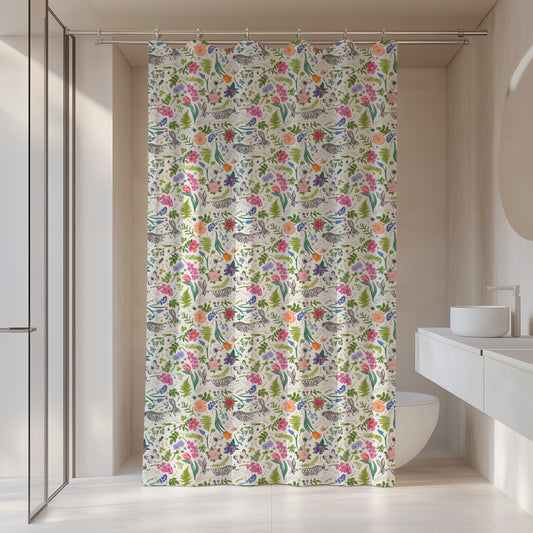 Colorful Version of Our Spring Rabbit Easter Shower Curtain Green Toile Cottage Shower Curtain Botanical Shower Curtain Spring Bath Decor