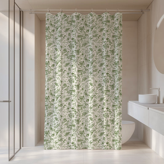 Spring Rabbit Easter Shower Curtain Green Toile Cottage Shower Curtain Botanical Shower Curtain Spring Bath Decor
