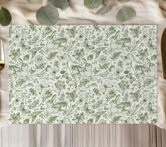 French Green Toile Spring Rabbits Dining Placemat