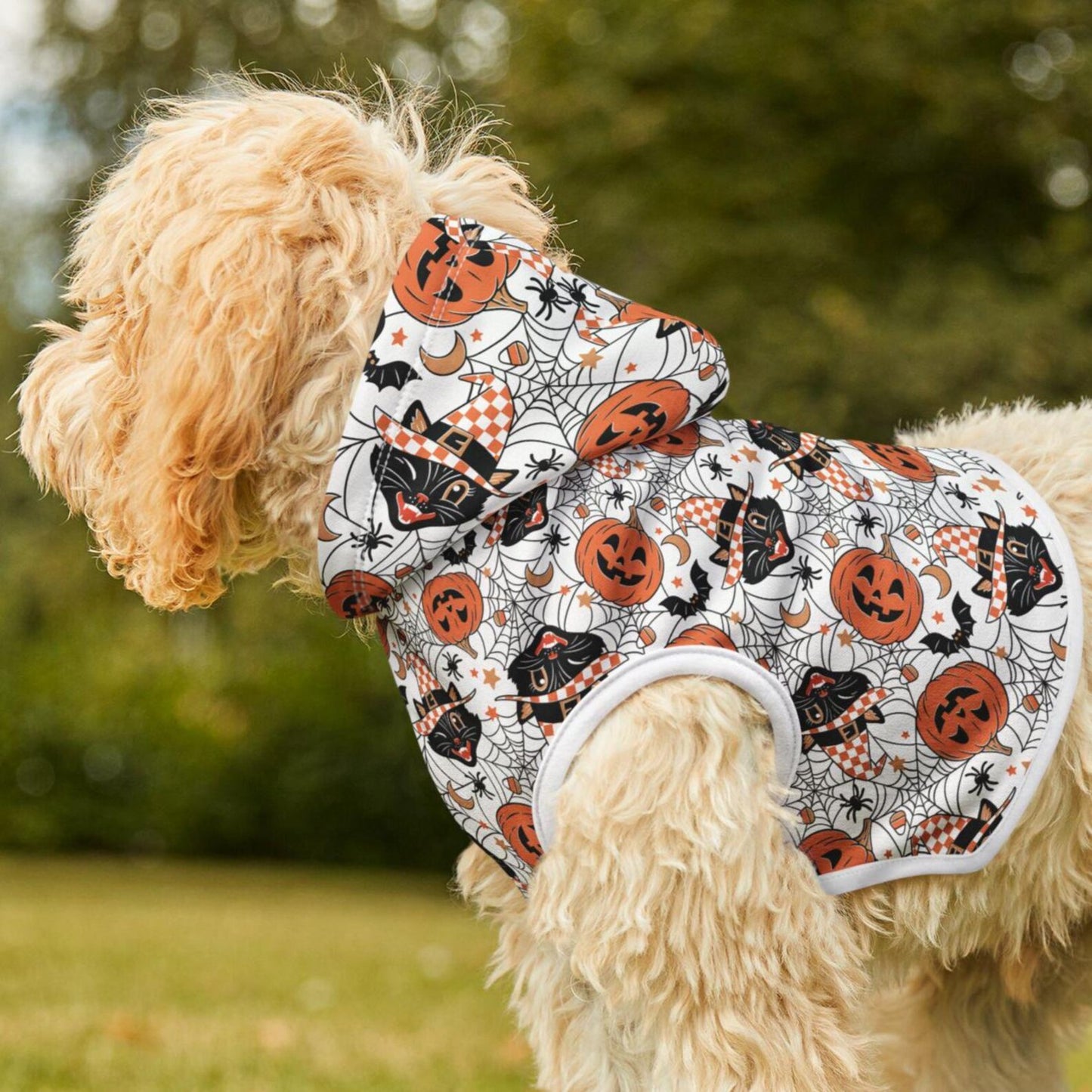 Retro Pumpkins and Halloween Black Cat Dog Halloween Hoodie, Dog Costume Pet Hoodie, Trick or Treat Halloween Dog Hoodie,Spooky