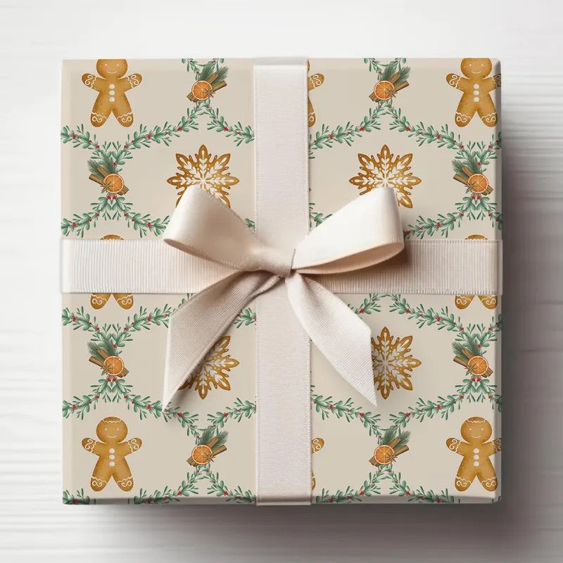 Gingerbread Christmas Wrapping Paper, Classic Christmas Gift Wrap Roll, Holiday Gift Wrap, Christmas Paper, Minimalist, Baking