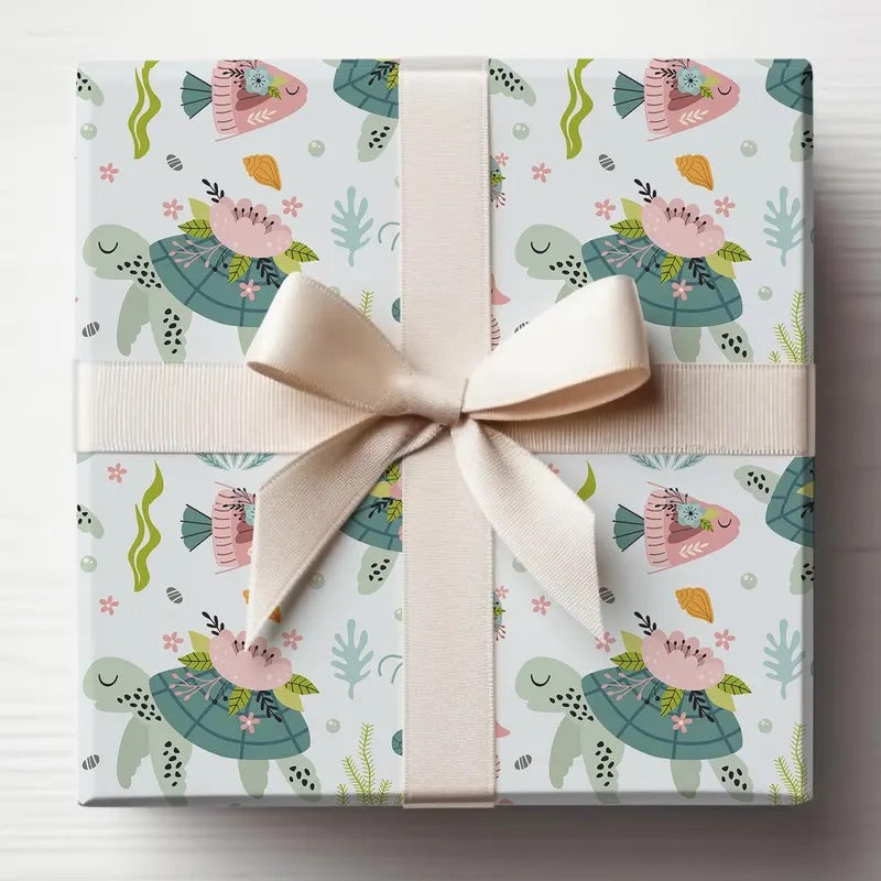Underwater Turtle Seahorse Birthday Baby Shower Wrapping Paper, Baby Shower Gift Wrap Roll, Birthday Gift Wrap