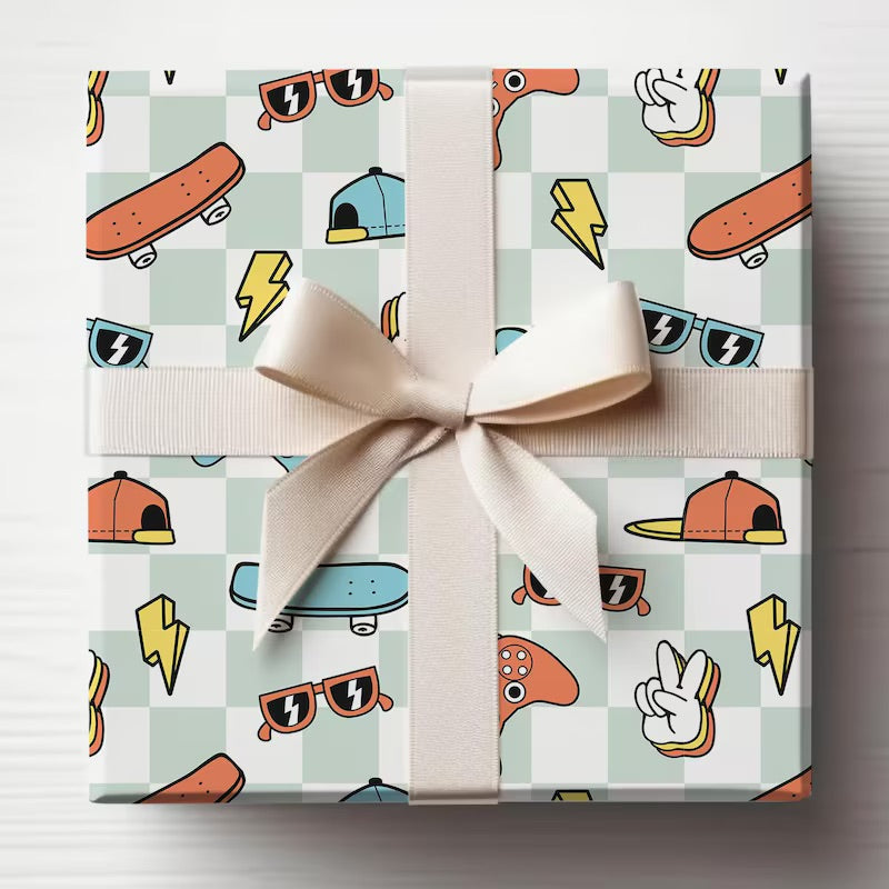 Retro Boy Birthday Wrapping Paper, Video Games, Skateboard Gift Wrap Roll, Birthday Gift Wrap, Gifts for Kids